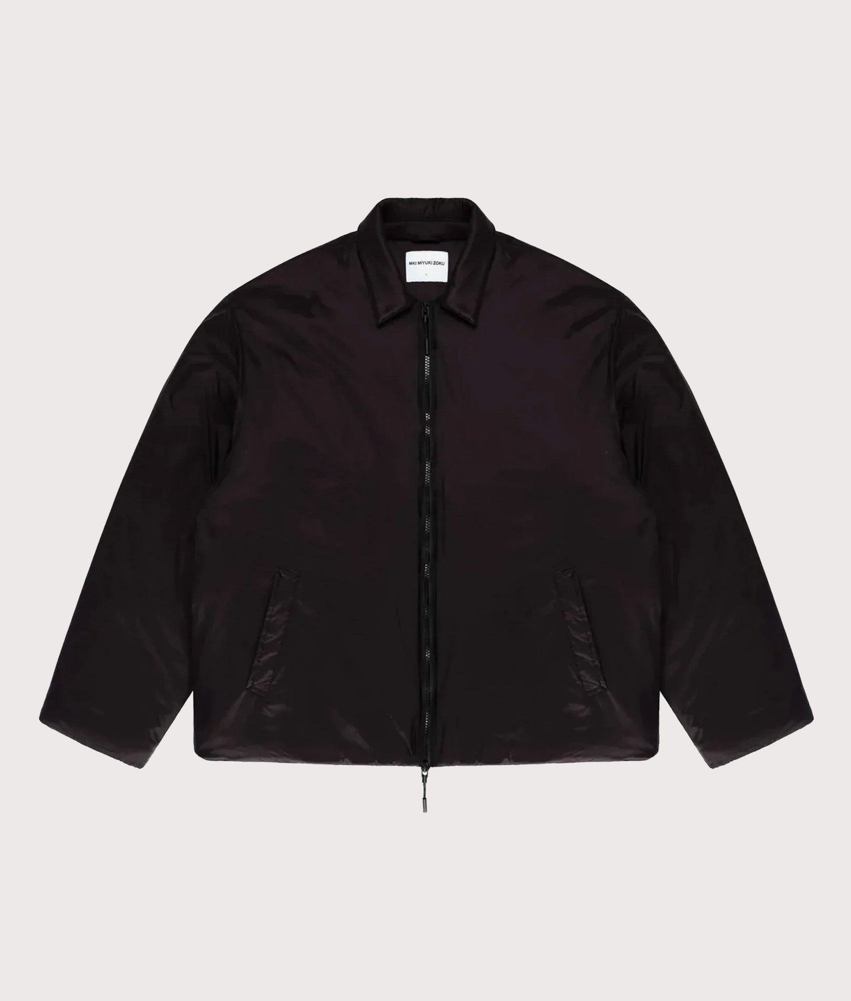 MKI MIYUKI ZOKU Relaxed Fit Insulated Loft Rider Jacket in Black at EQVVS Menswear. Front shot.