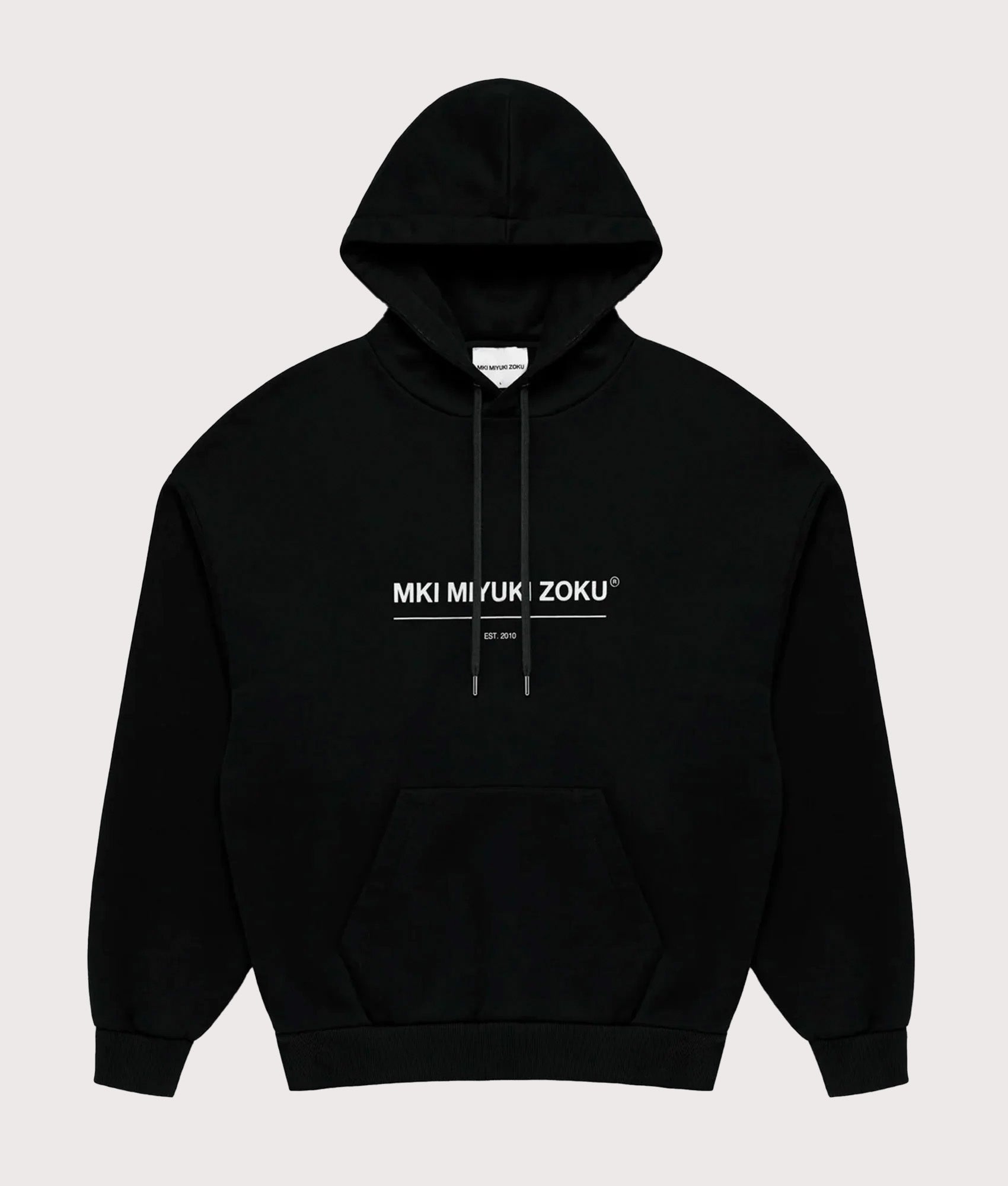 MKI MIYUKI ZOKU Oversized Linear Hoodie in Black at EQVVS Menswear. Front shot.