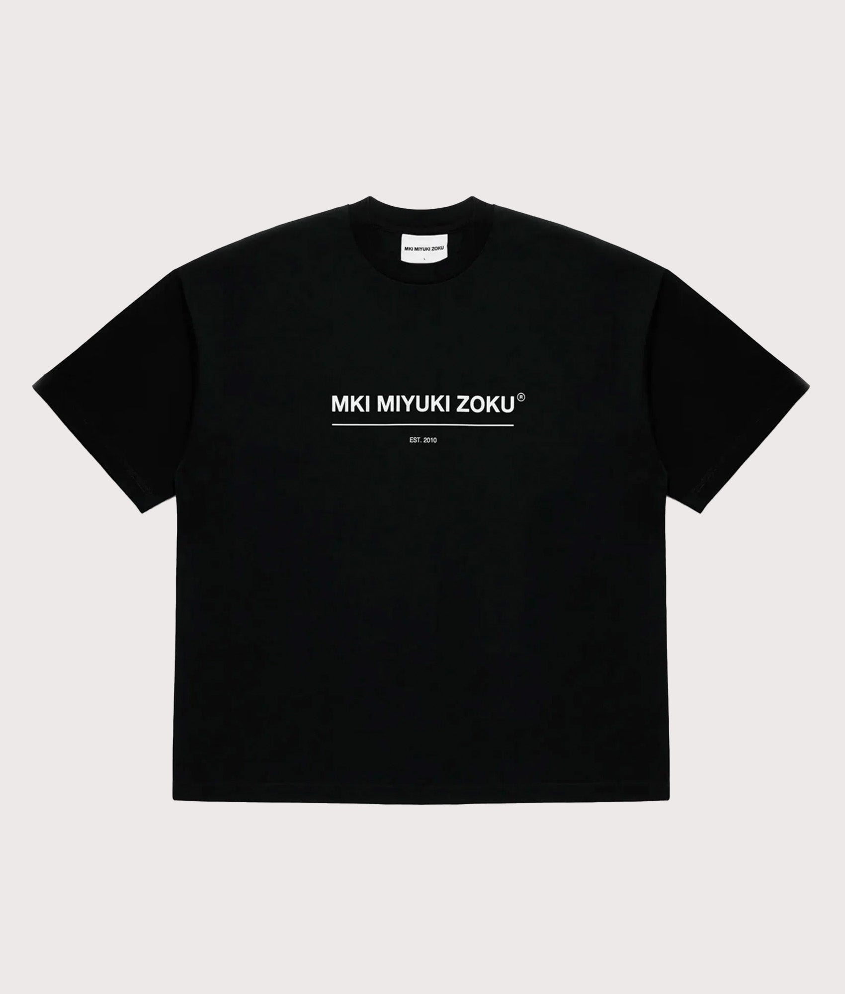MKI MIYUKI ZOKU Oversized Linear T-Shirt in Black at EQVVS Menswear. Front shot.