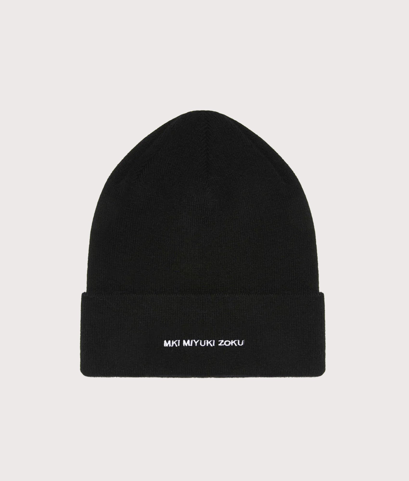 MKI MIYUKI ZOKU Embroidered Merino Beanie in Black at EQVVS Menswear. Front shot. 
