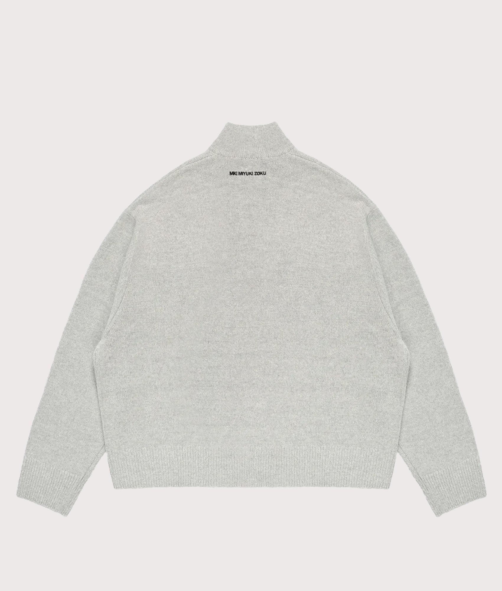 MKI MIYUKI ZOKU Oversized Fit Mohair Blend Knit Track Jacket in Light Grey at EQVVS Menswear. Back shot.