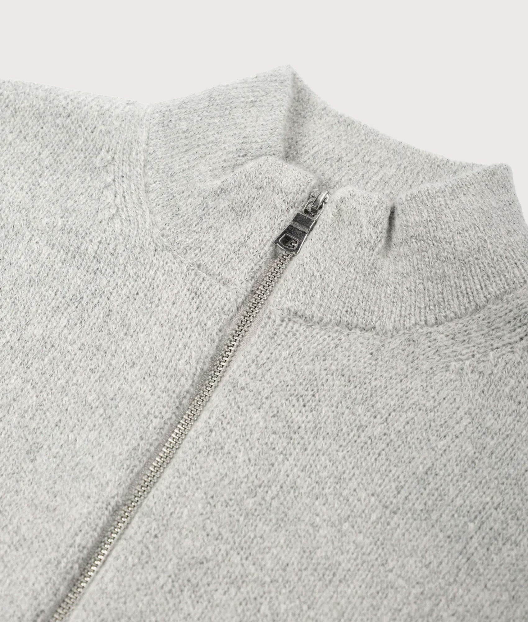 MKI MIYUKI ZOKU Oversized Fit Mohair Blend Knit Track Jacket in Light Grey at EQVVS Menswear. Collar shot.