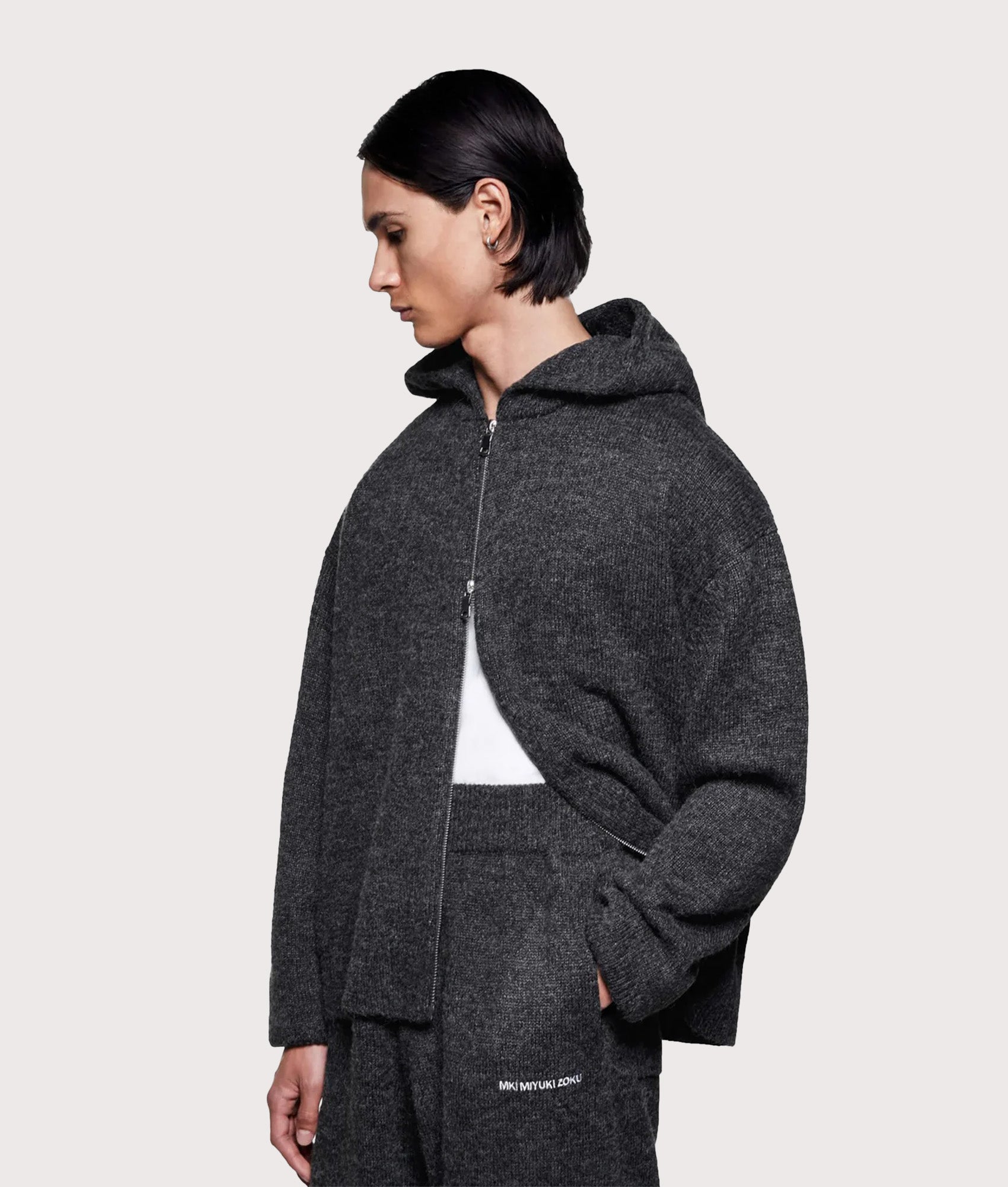 Mohair Knit Zip Through Hoodie in Charcoal | MKI MIYUKI ZOKU | EQVVS