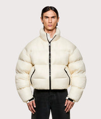 Translucent Funnel Neck Bubble Jacket: Off White 