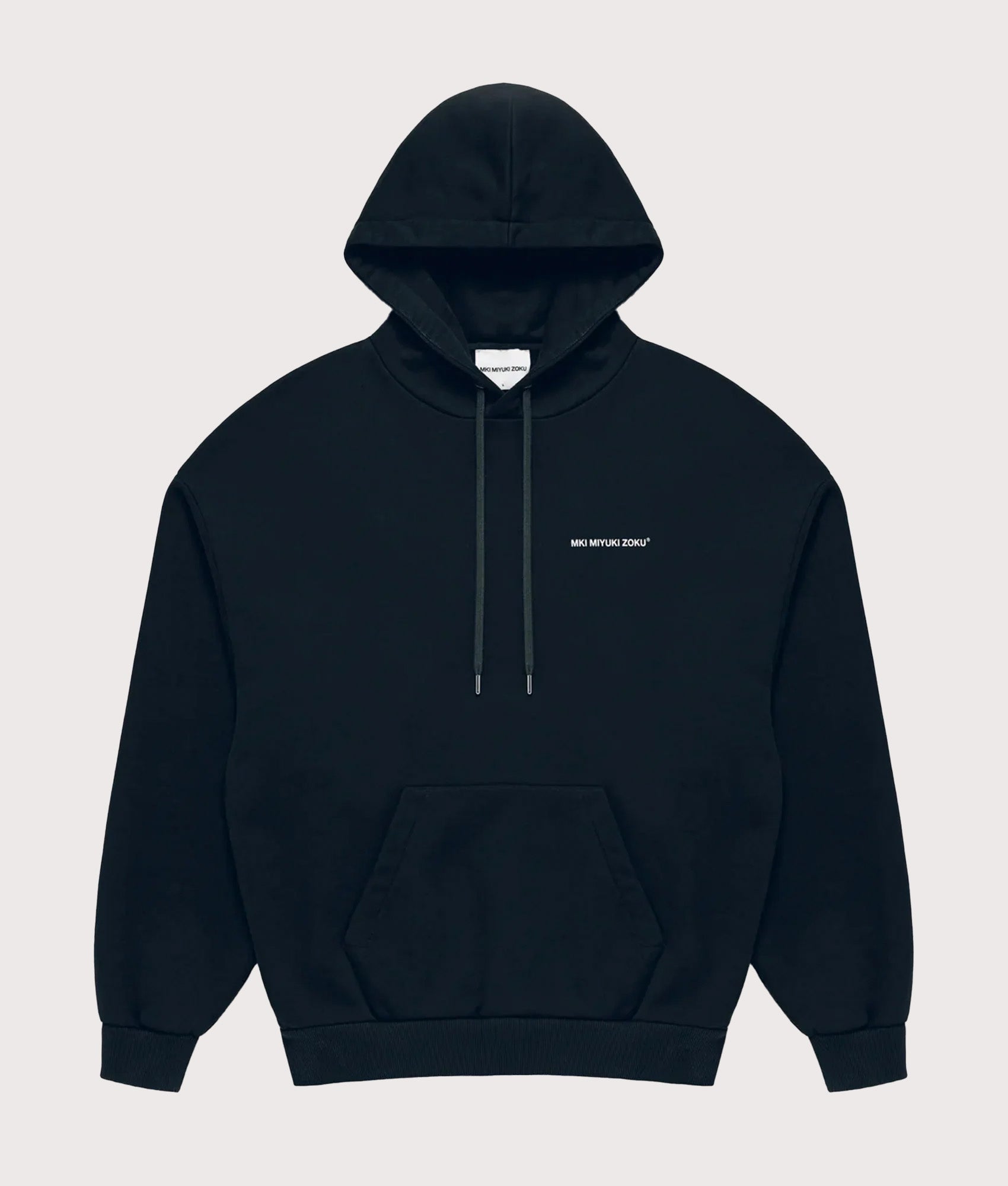MKI MIYUKI ZOKU Oversized Uniform Hoodie in Navy at EQVVS Menswear. Front shot.
