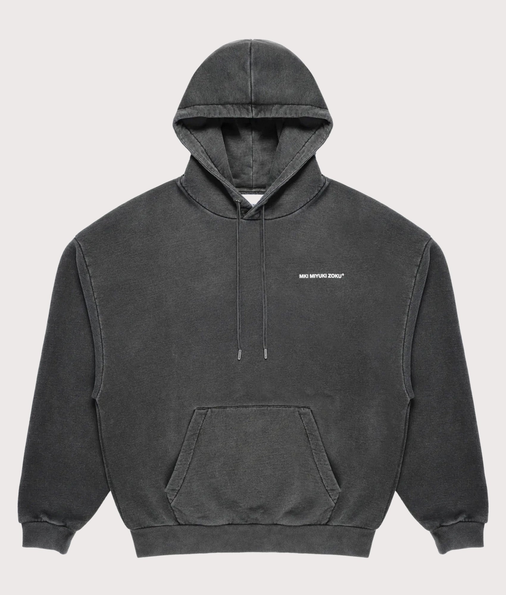 MKI Miyuki Zoku Oversized Uniform Hoodie in Pigment Black at EQVVS Menswear. Front shot.