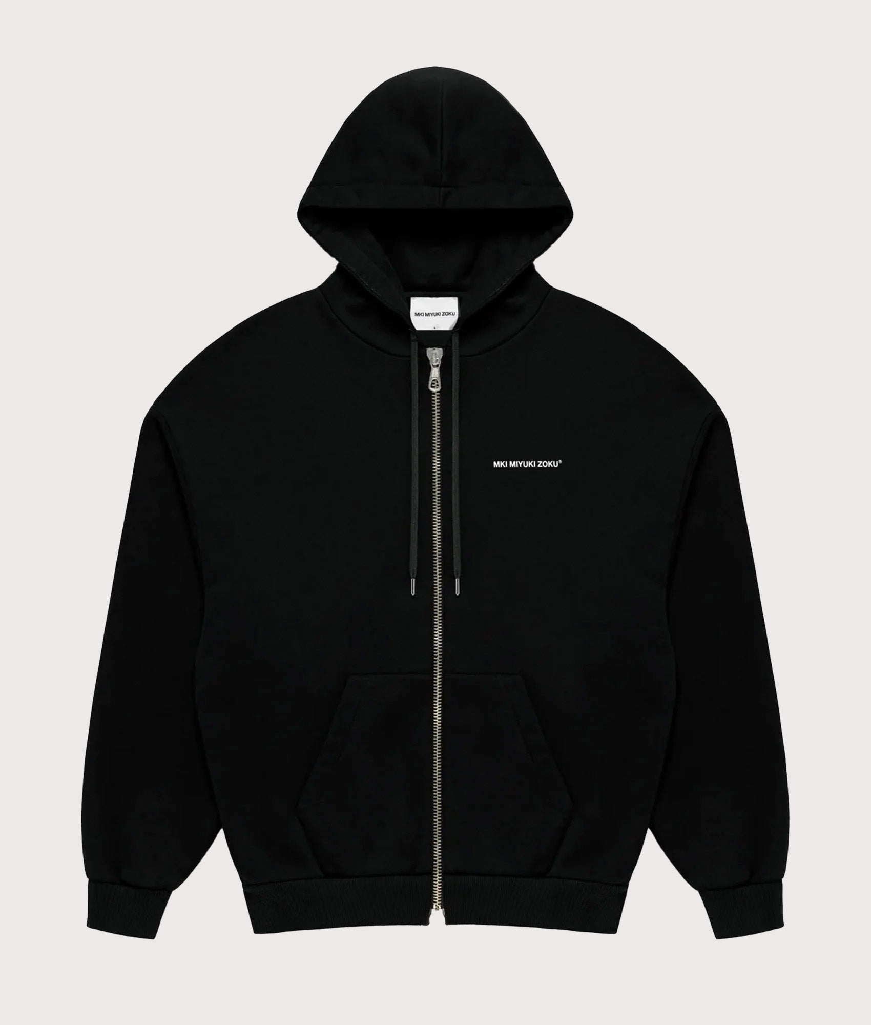 MKI MIYUKI ZOKU Oversized Uniform zip through hoodie in Black at EQVVS Menswear. Front shot.