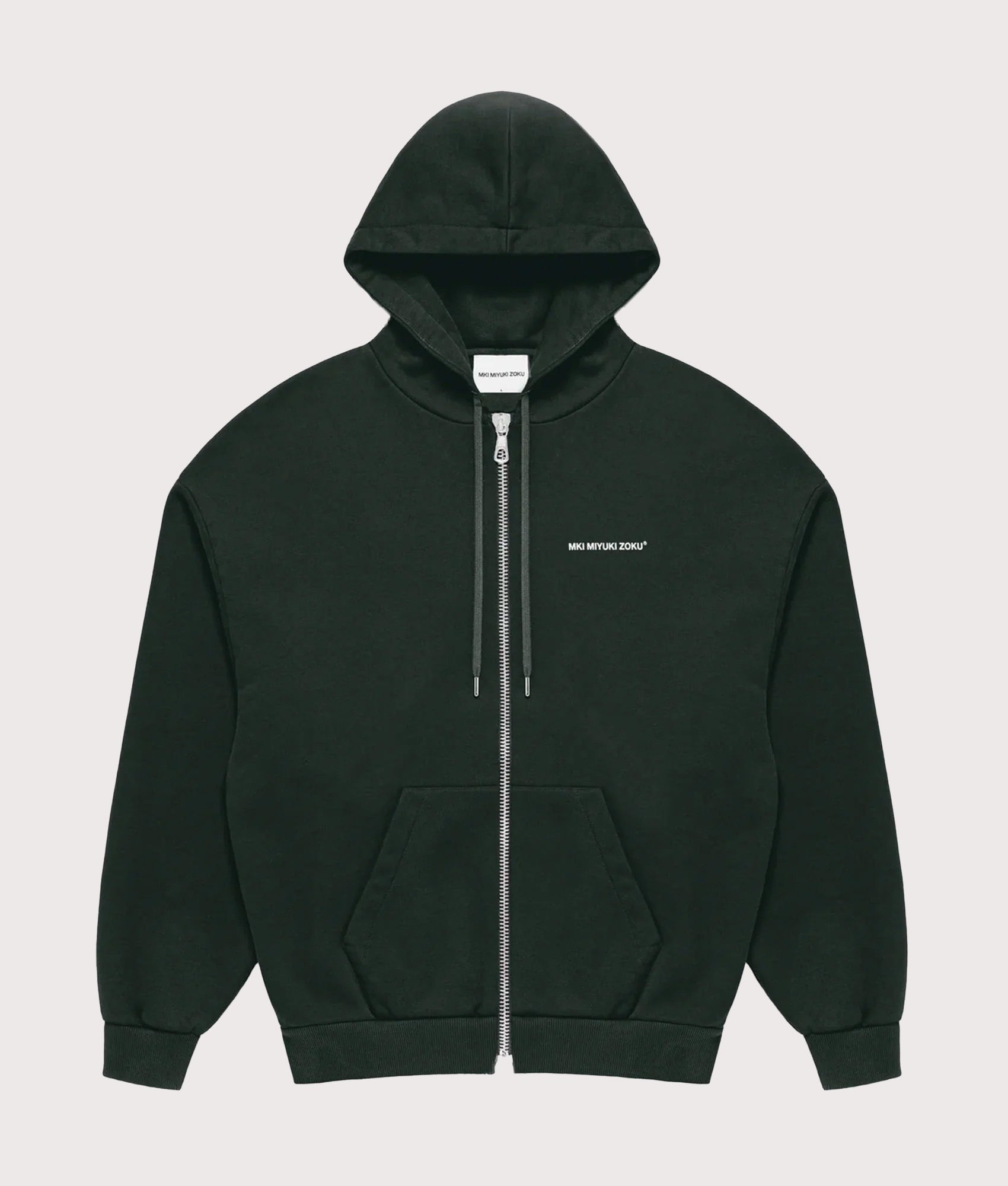 MKI MIYUKI ZOKU Oversized Uniform Zip Through Hoodie in Green at EQVVS Menswear. Front shot.