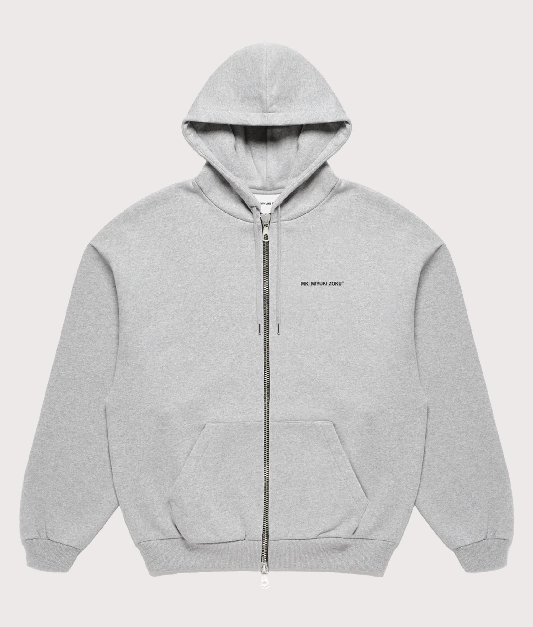 MKI MIYUKI ZOKU Oversized Uniform zip through hoodie in Grey at EQVVS Menswear. Front shot. 
