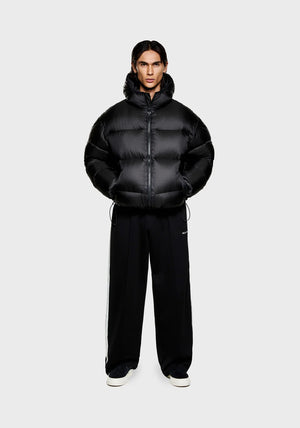 MKI MIYUKI ZOKU Translucent Bubble Jacket in Black at EQVVS Menswear. Front Model Shot. 