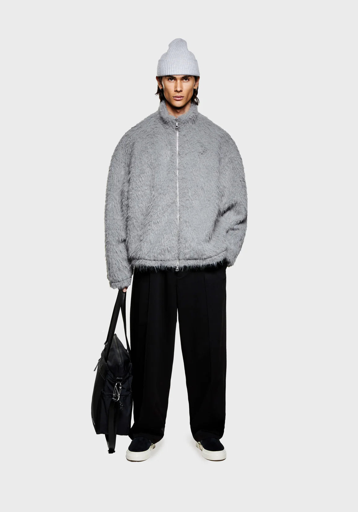 MKI Miyuki Zoku Faux Alpaca Track Jacket Light Grey. Model Shot. 