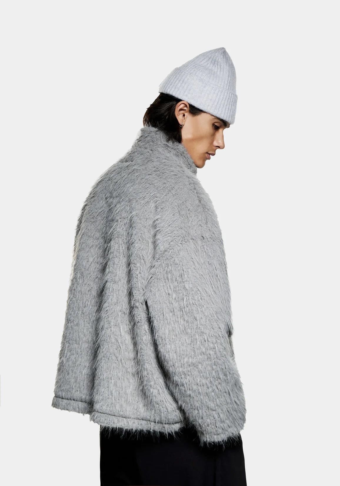 MKI Miyuki Zoku Faux Alpaca Track Jacket Light Grey. Model shot. 