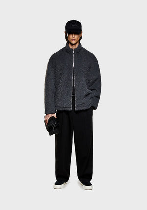 Faux Alpaca Track Jacket in Charcoal. MKI Miyuki Zoku.  Model shot. 