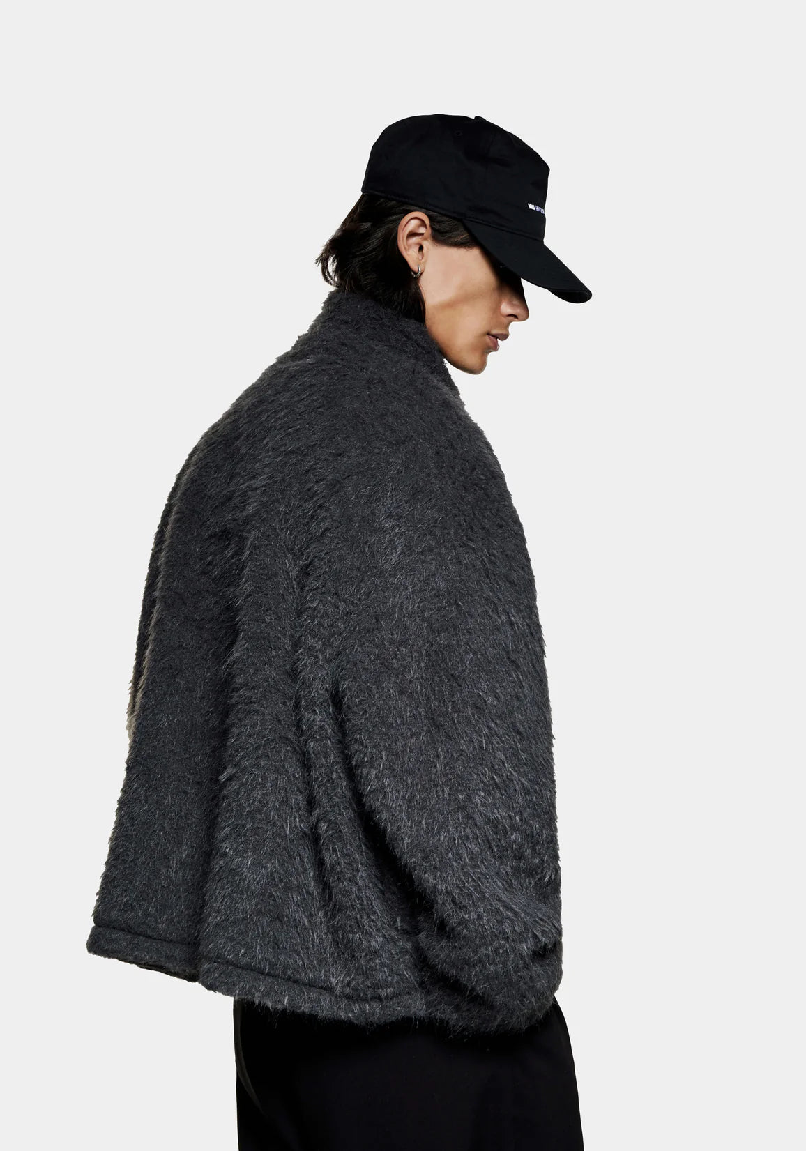 Faux Alpaca Track Jacket in Charcoal. MKI Miyuki Zoku. Model shot.