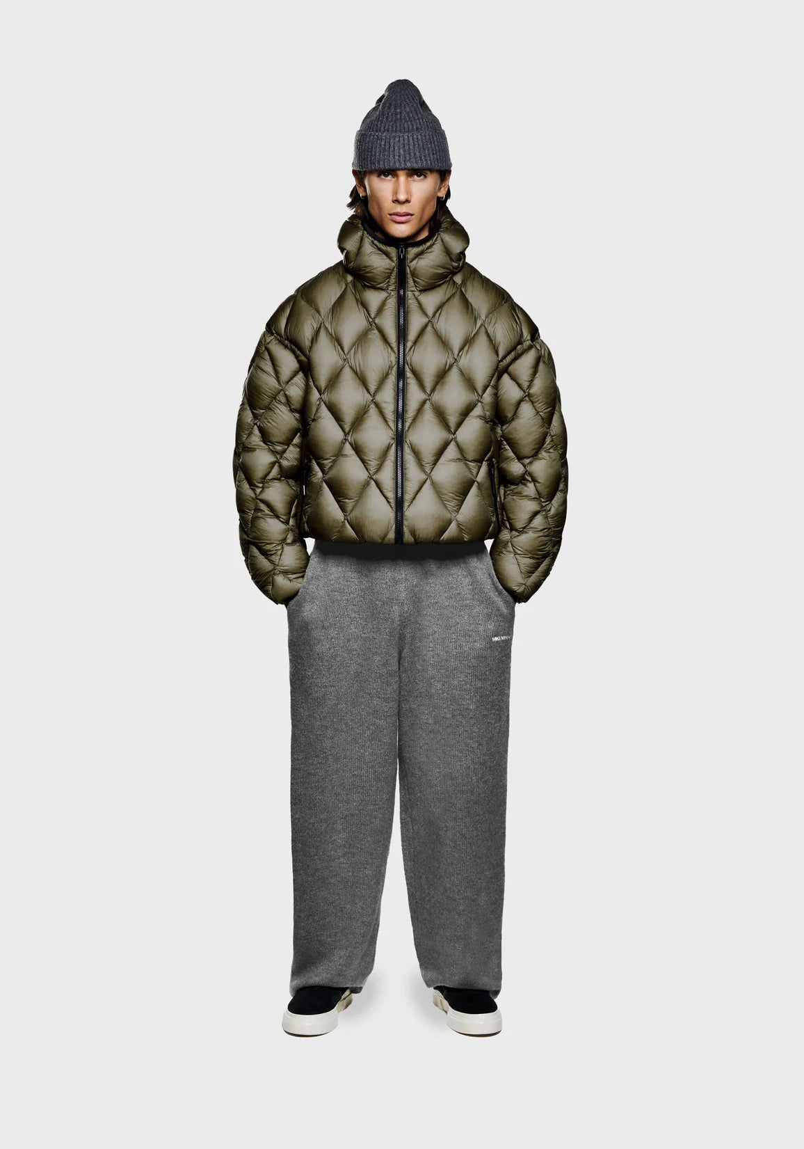 Green Moss MKI Miyuki Zoku Diamond BUbble Jacket. Model shot. 