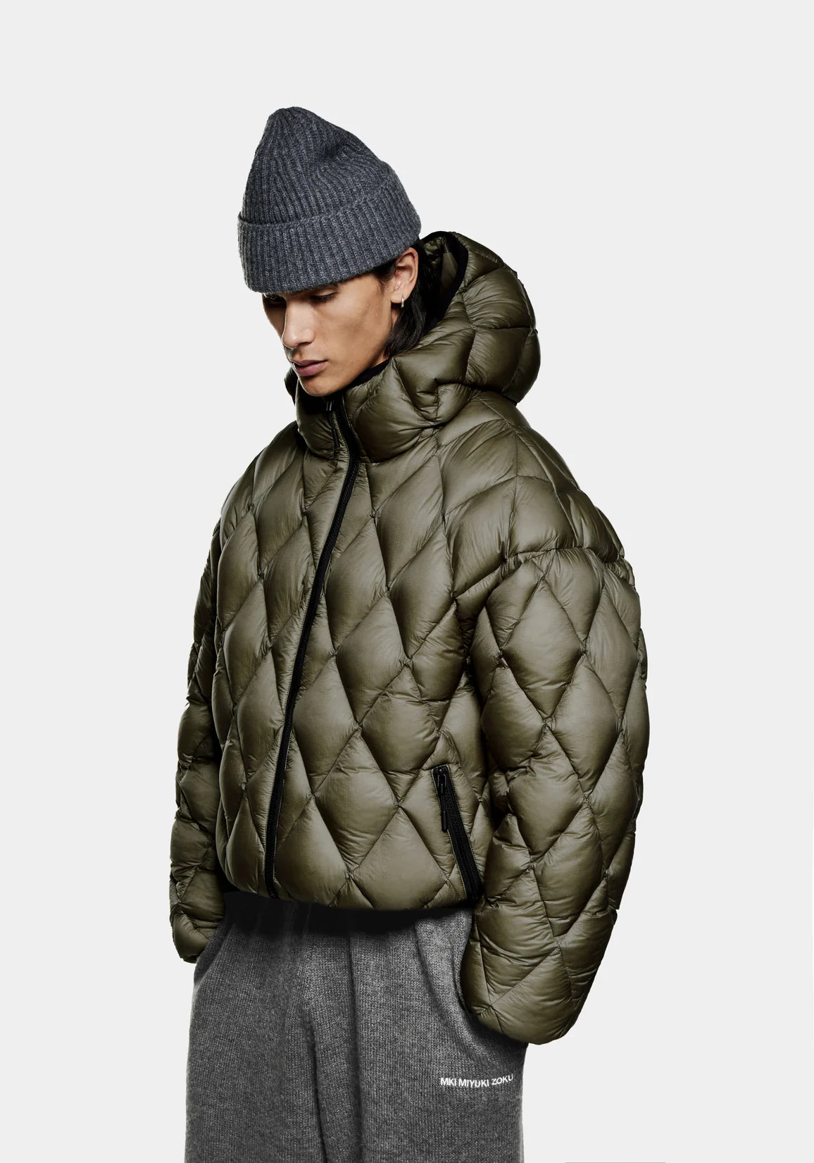 Green Moss MKI Miyuki Zoku Diamond BUbble Jacket. Model shot. 