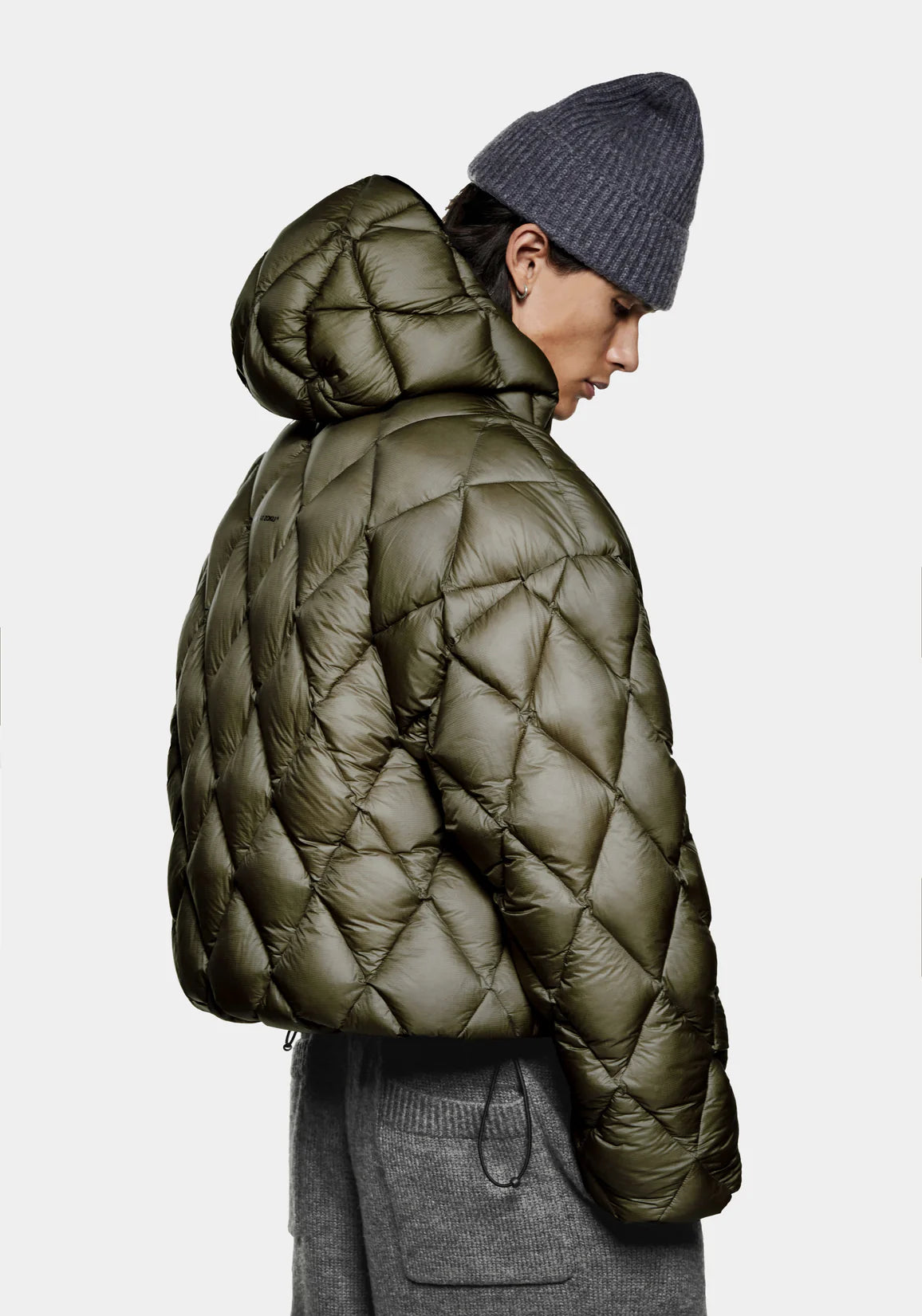 Green Moss MKI Miyuki Zoku Diamond BUbble Jacket. Model shot. 