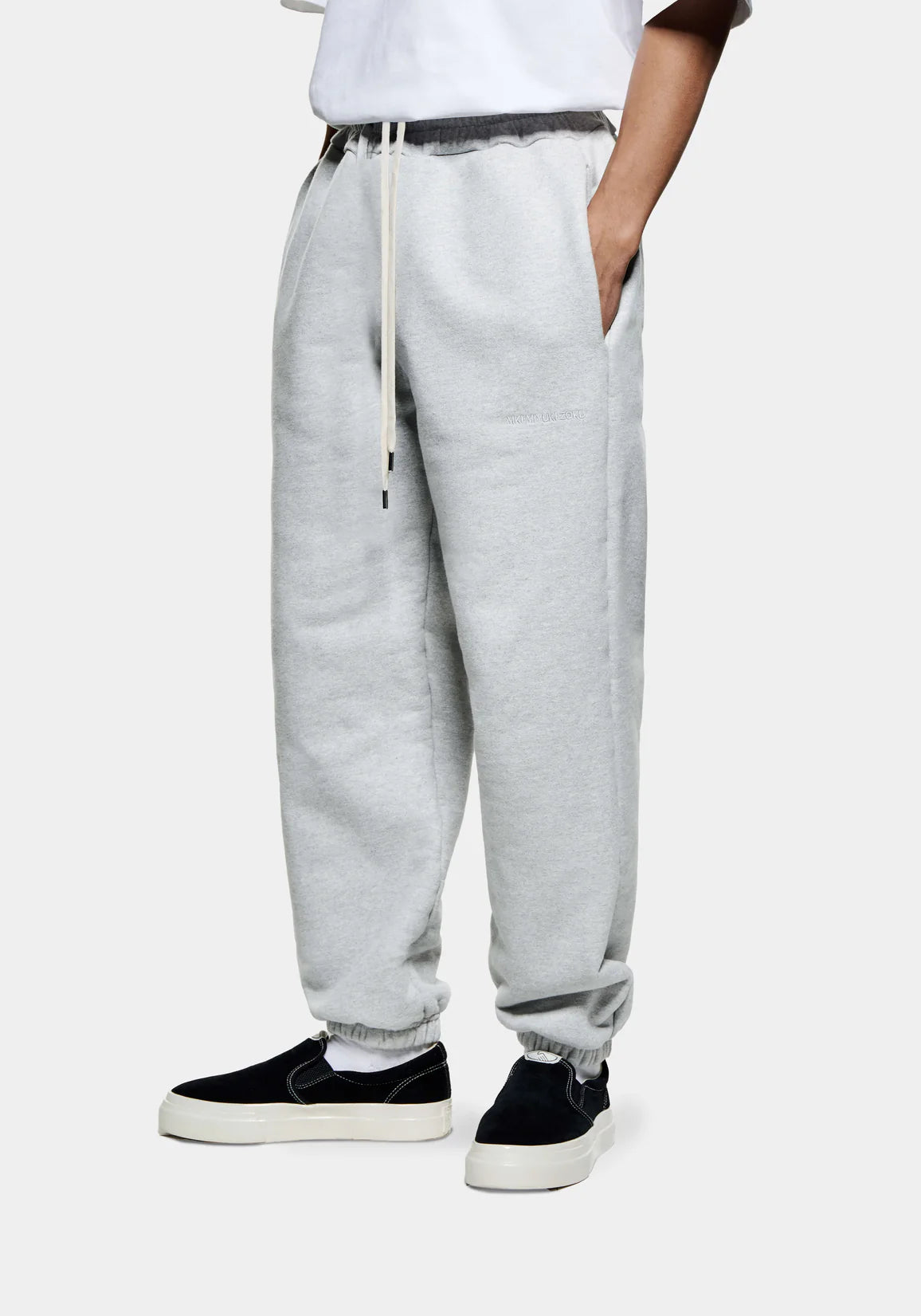 MKI Miyuki Zoku Superweight Joggers in Grey, shot at EQVVS. Side angle. 