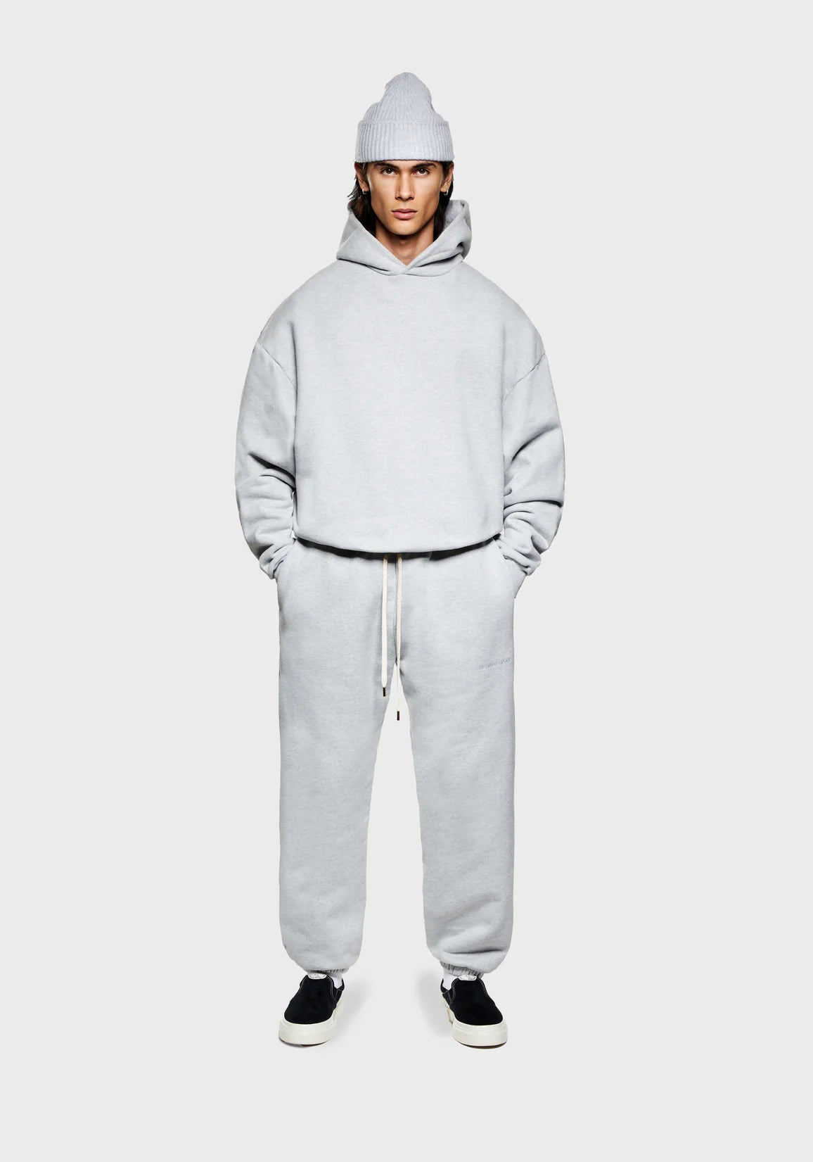 MKI MIYUKI ZOKU 800 GSM Superweight Hoodie in Grey at EQVVS. Front Model Shot. 