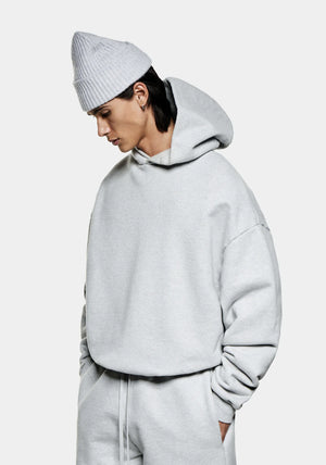 MKI MIYUKI ZOKU 800 GSM Superweight Hoodie in Grey at EQVVS. Side Model Shot. 