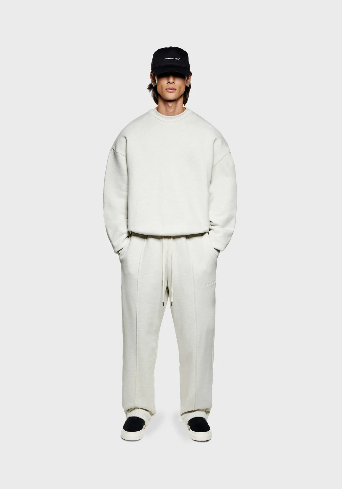 MKI MIYUKI ZOKU Oversized 800 GSM Superweight Sweatshirt in Oatmeal at EQVVS Menswear. Front Model Shot. 