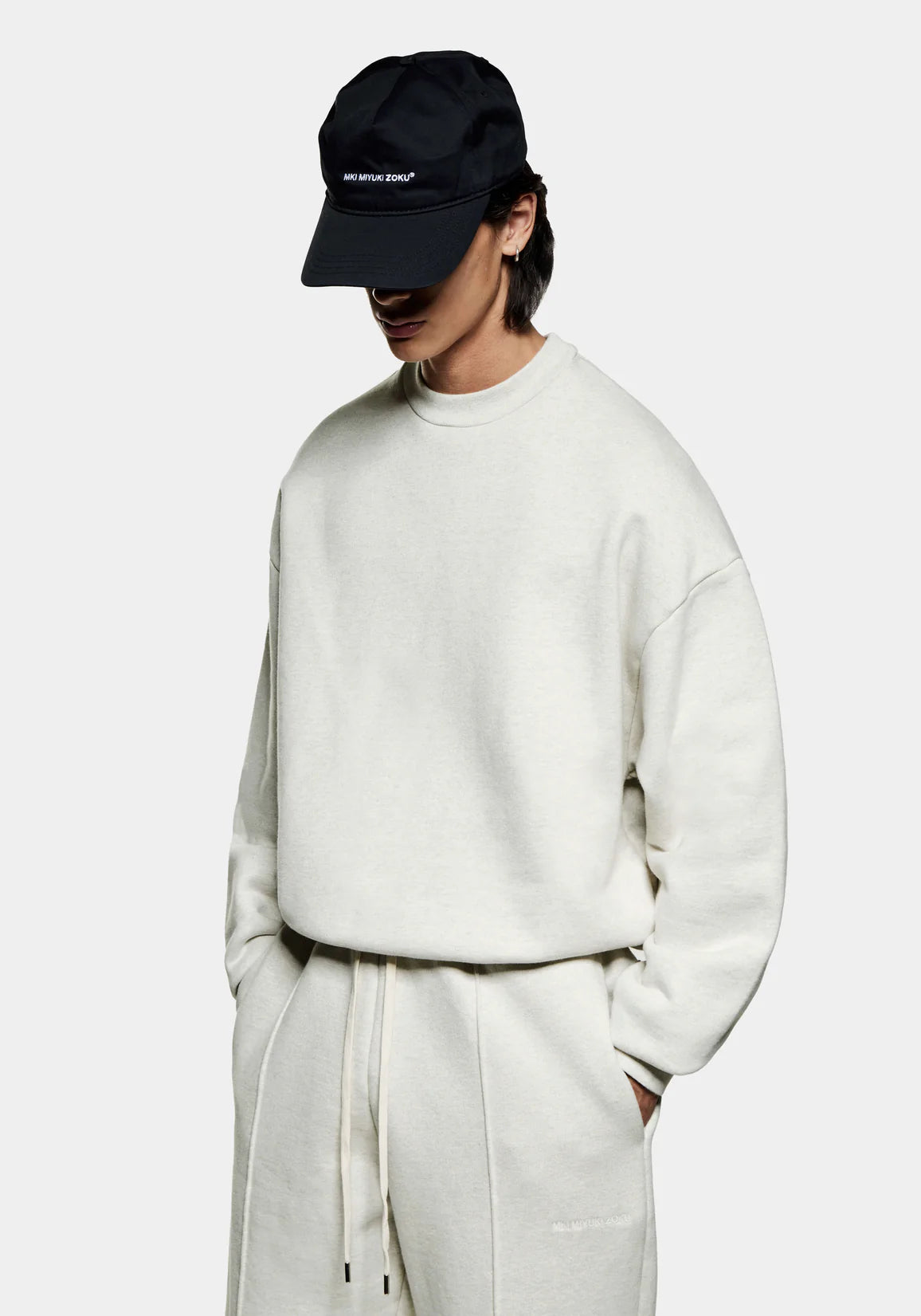 MKI MIYUKI ZOKU Oversized 800 GSM Superweight Sweatshirt in Oatmeal at EQVVS Menswear. Side Model Shot. 