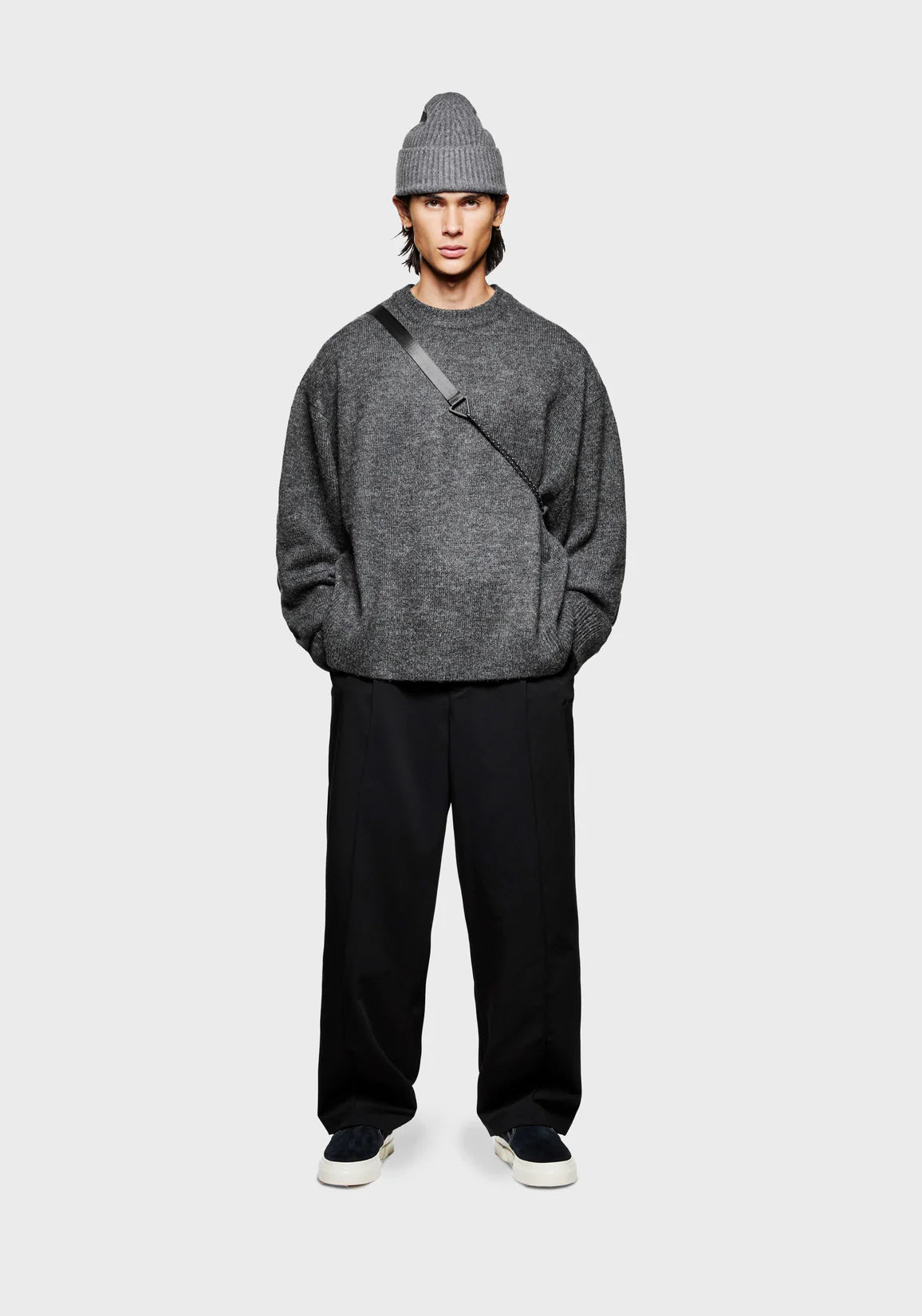 MKI Miyuki Zoku Mohair Blend Knit Jumper. Charcoal. Model shot.