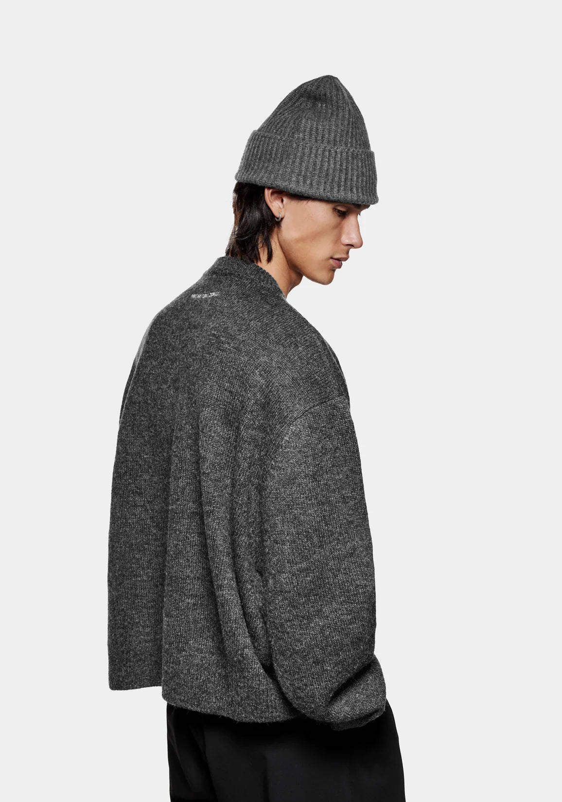 Mohair Blend Knit Crew Jumper in Charcoal by MKI MIYUKI ZOKU at EQVVS Menswear. Side Model Shot. 