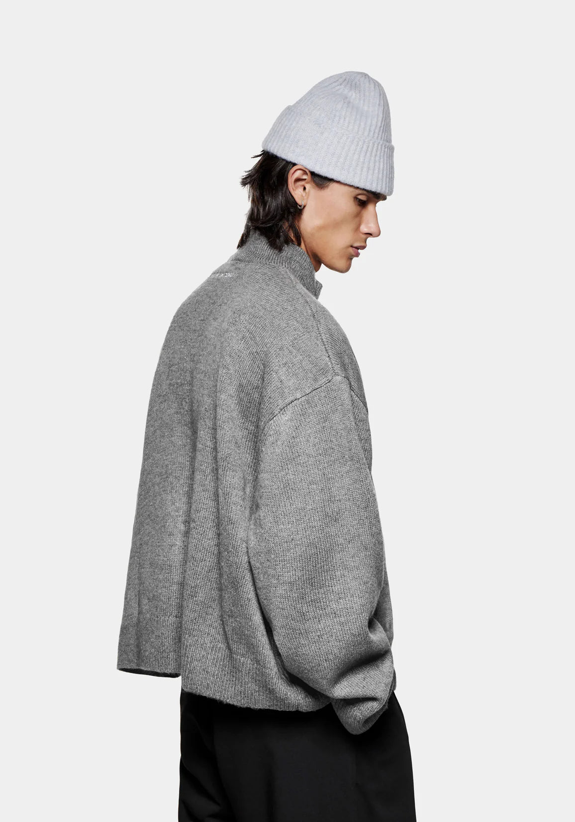 MKI MIYUKI ZOKU Mohair Blend Knit Track Jacket in Brown Marl at EQVVS Menswear. Side Model Shot. 