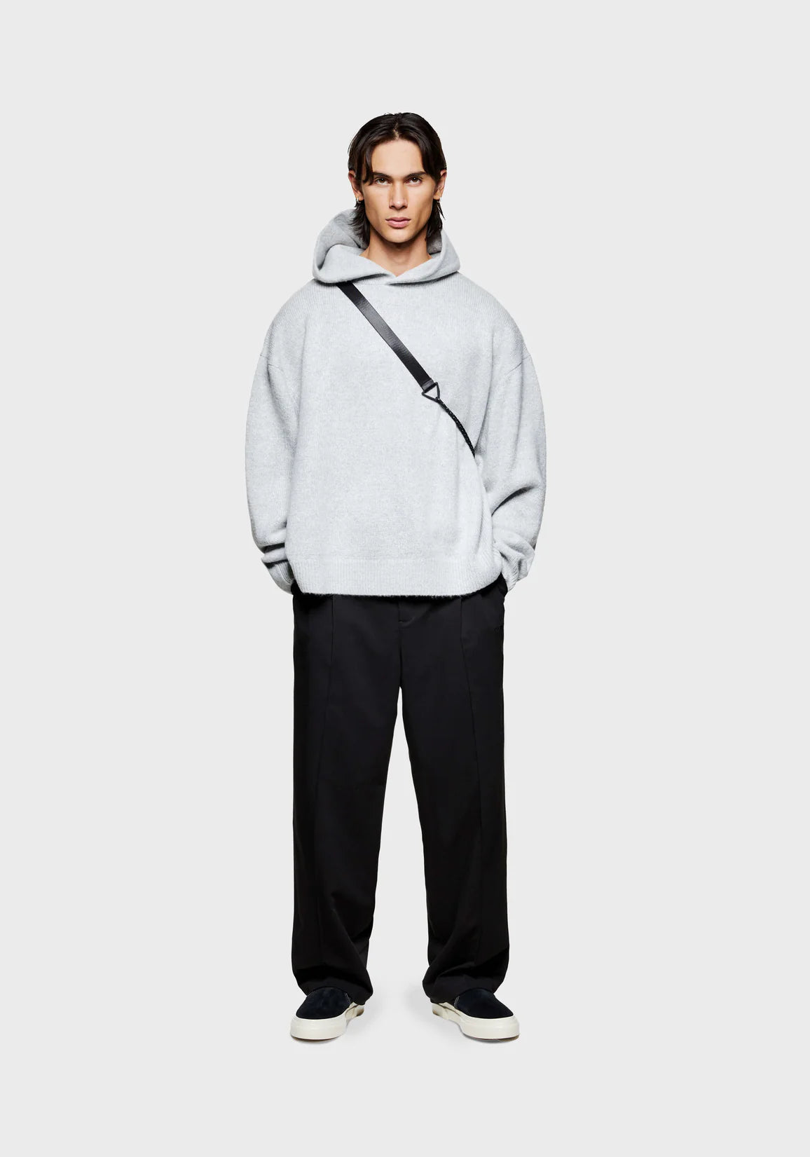 MKI MIYUKI ZOKU Mohair Blend Knit Hoodie in Light Grey at EQVVS Menswear. Front Model Shot.