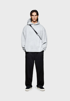 MKI MIYUKI ZOKU Mohair Blend Knit Hoodie in Light Grey at EQVVS Menswear. Front Model Shot.