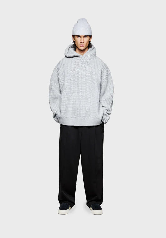 MKI Miyuki Zoku Chunky Rib Knit Hoodie in Grey. at EQVVS Model Front Shot.