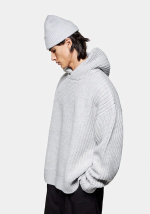 MKI Miyuki Zoku Chunky Rib Knit Hoodie in Grey. at EQVVS Model Angle Shot.