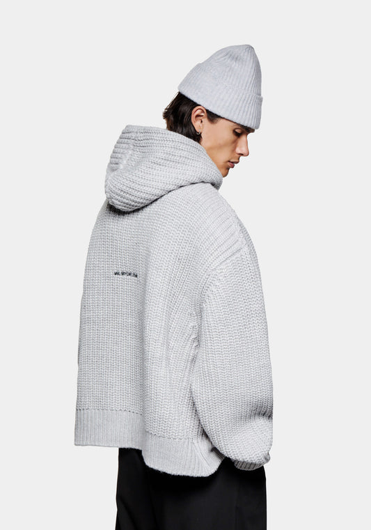 MKI Miyuki Zoku Chunky Rib Knit Hoodie in Grey. at EQVVS Model Back Shot.