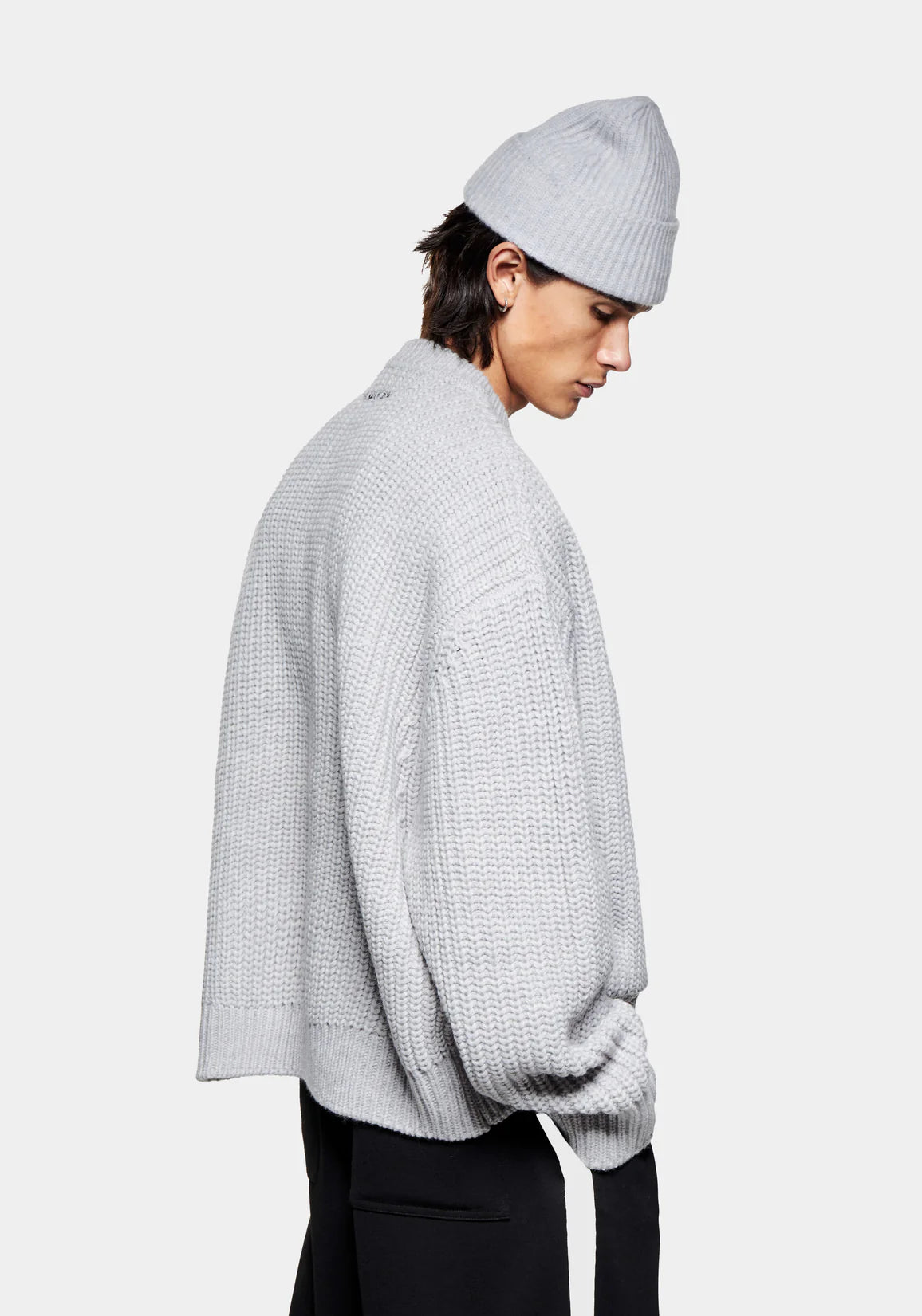 MKI Miyuki Zoku Chunky Rib Knit Crewneck Jumper in Grey. Model Back Angle Shot.