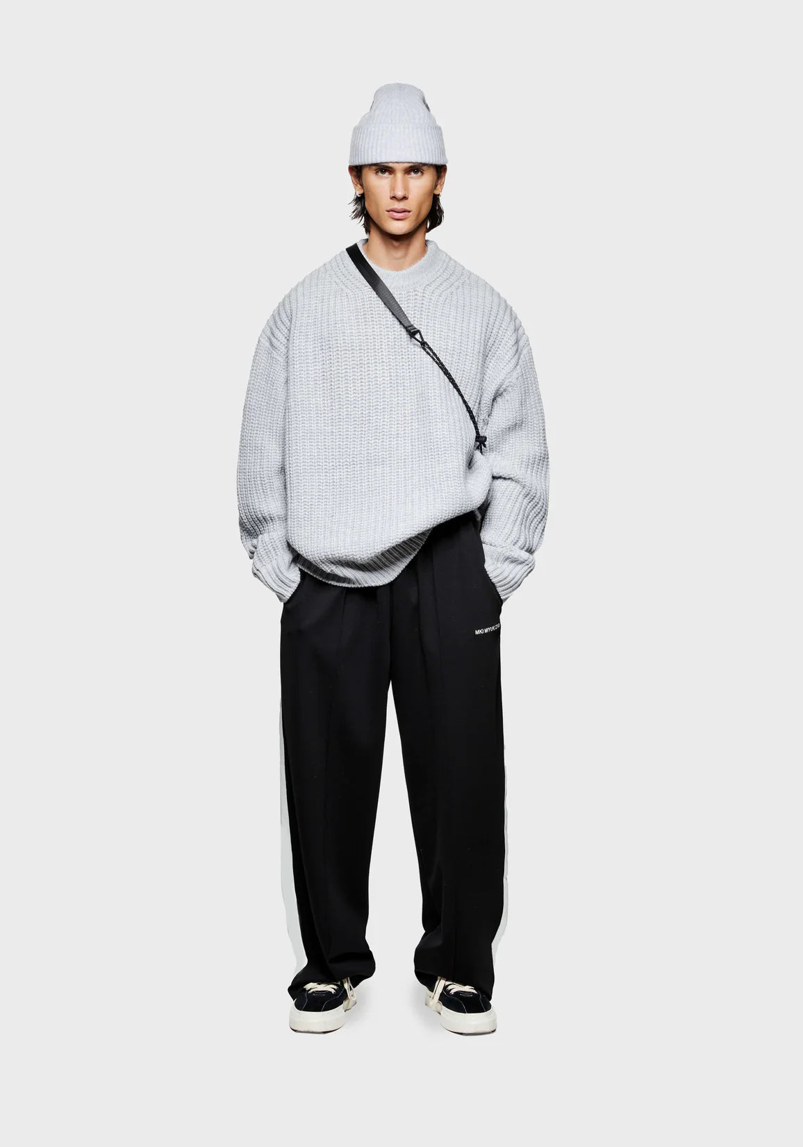 MKI Miyuki Zoku Chunky Rib Knit Crewneck Jumper in Grey. Model Front Shot.