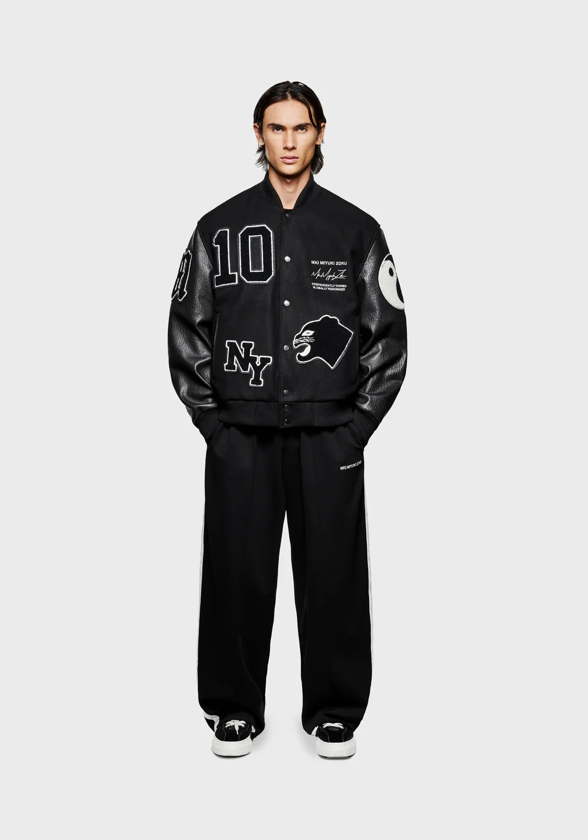 Black Patch Varsity Jacket MKI Miyuki Zoku. Model shot. 