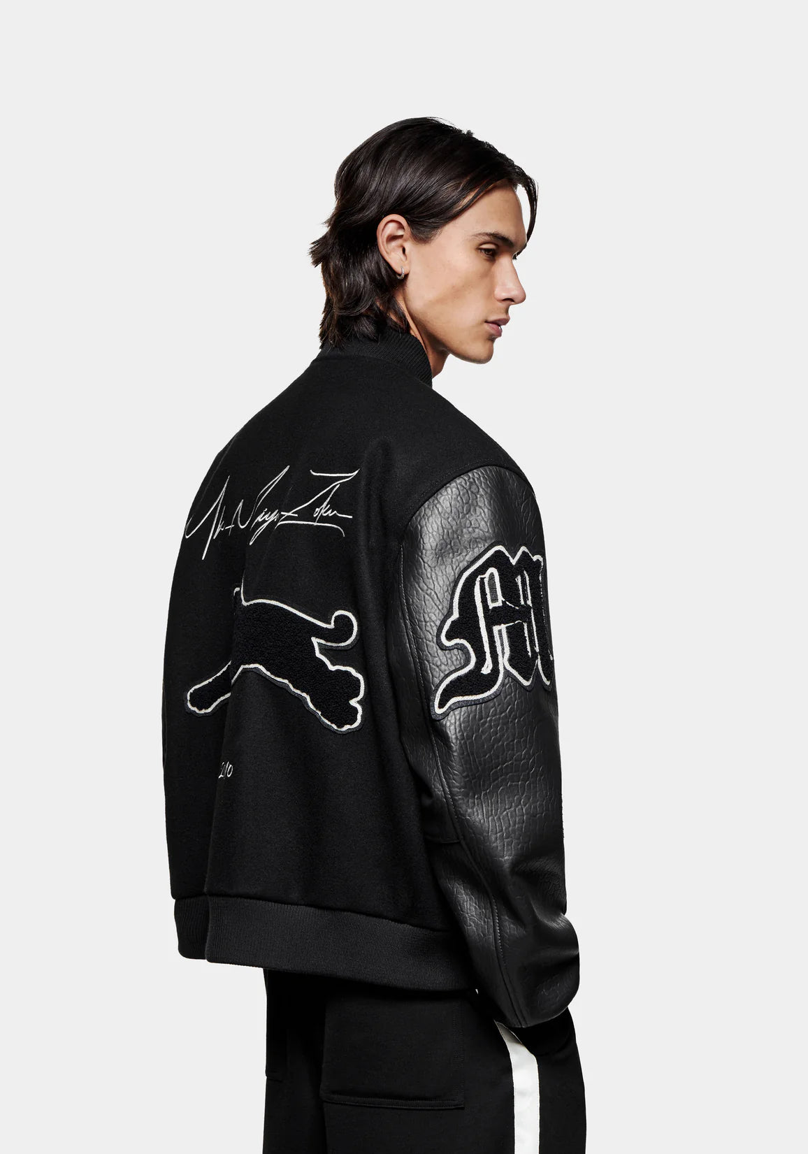 Black Patch Varsity Jacket MKI Miyuki Zoku. Model shot. 
