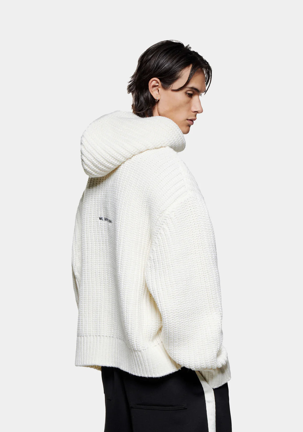 MKI Miyuki Zoku Chunky Rib Knit Hoodie in Off White. at EQVVS Model Back Shot.