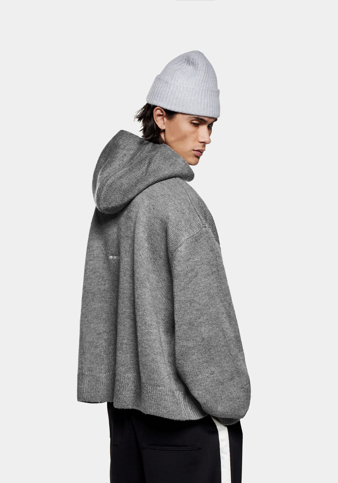 MKI MIYUKI ZOKU Mohair Blend Knit Hoodie in Brown Marl at EQVVS Menswear. Side Model Shot. 