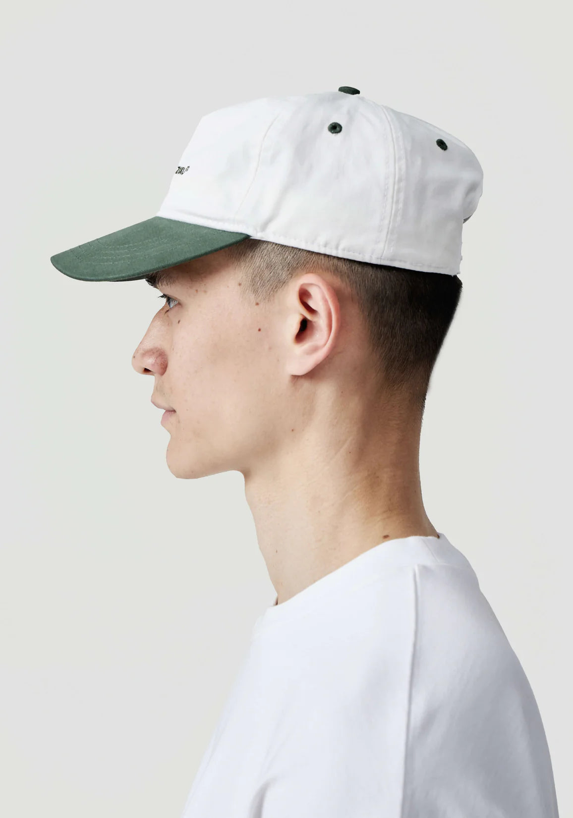V2 Twill Ball Cap in Contrast Green by MKI MIYUKI ZOKU at EQVVS. Side Model Shot.