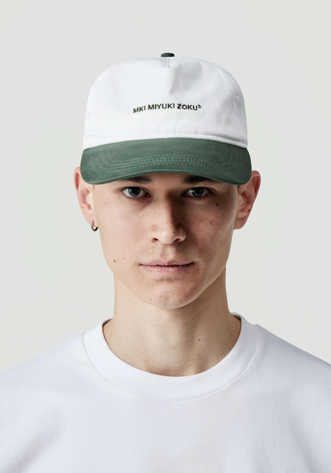 V2 Twill Ball Cap in Contrast Green by MKI MIYUKI ZOKU at EQVVS. Front Model Shot.