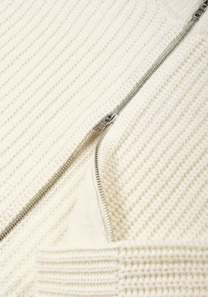 MKI Miyuki Zoku Chunky Rib Knit Track Jacket in Off White at EQVVS. Flat Zip Shot.