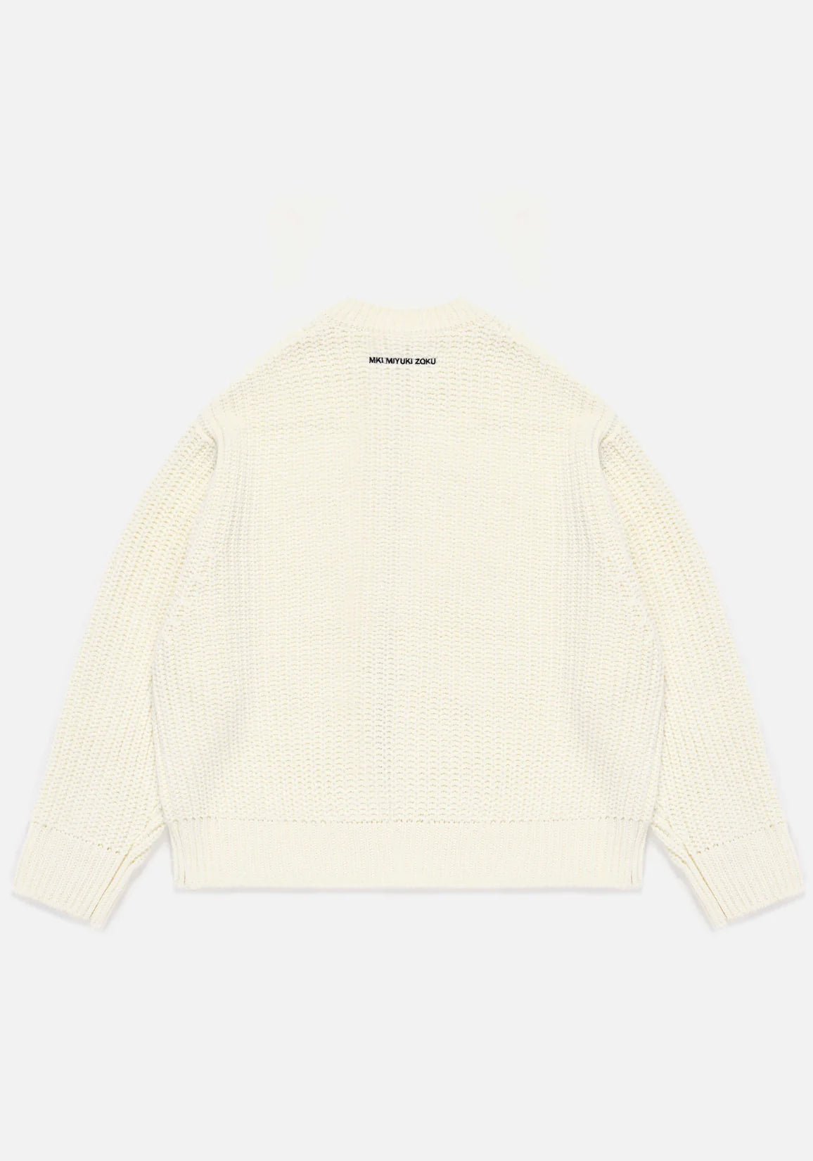 MKI Miyuki Zoku Chunky Rib Knit Crewneck Jumper in Off White. Model Angle Shot.