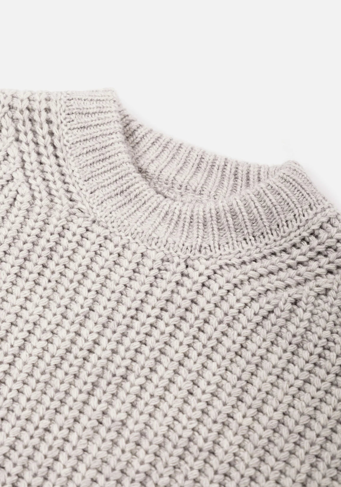 MKI Miyuki Zoku Chunky Rib Knit Crewneck Jumper in Grey. Front Neck Shot.