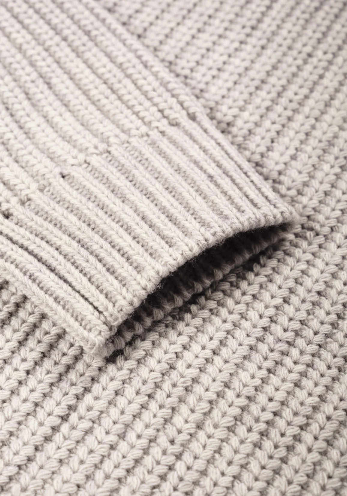 MKI Miyuki Zoku Chunky Rib Knit Crewneck Jumper in Grey. Cuff Shot.