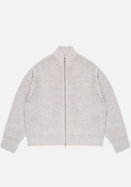 MKI Miyuki Zoku Chunky Rib Knit Track Jacket in Grey at EQVVS. Flat Front Shot.