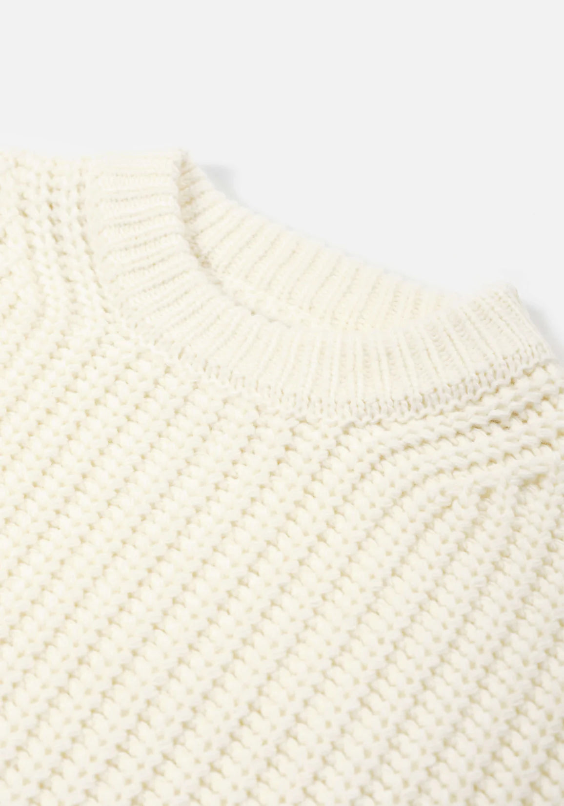 MKI Miyuki Zoku Chunky Rib Knit Crewneck Jumper in Off White. Front Neck Shot.