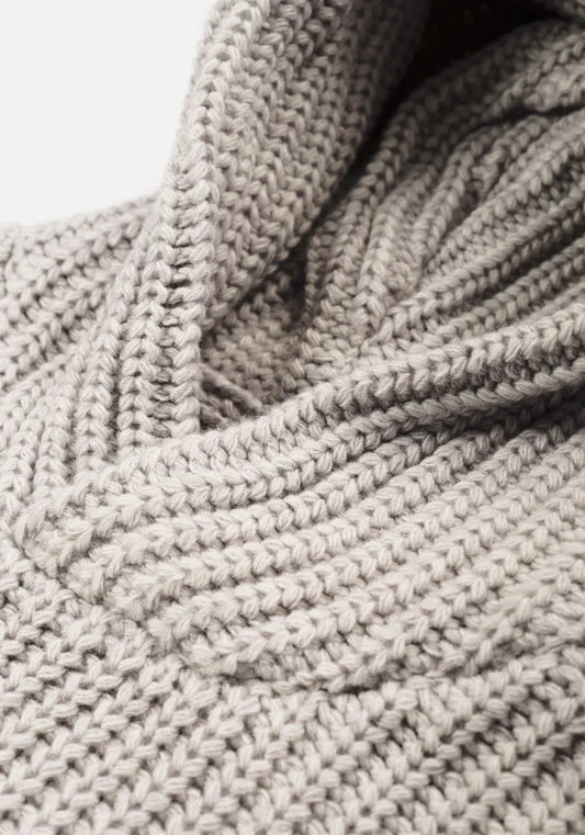 MKI Miyuki Zoku Chunky Rib Knit Hoodie in Grey. at EQVVS Neck.