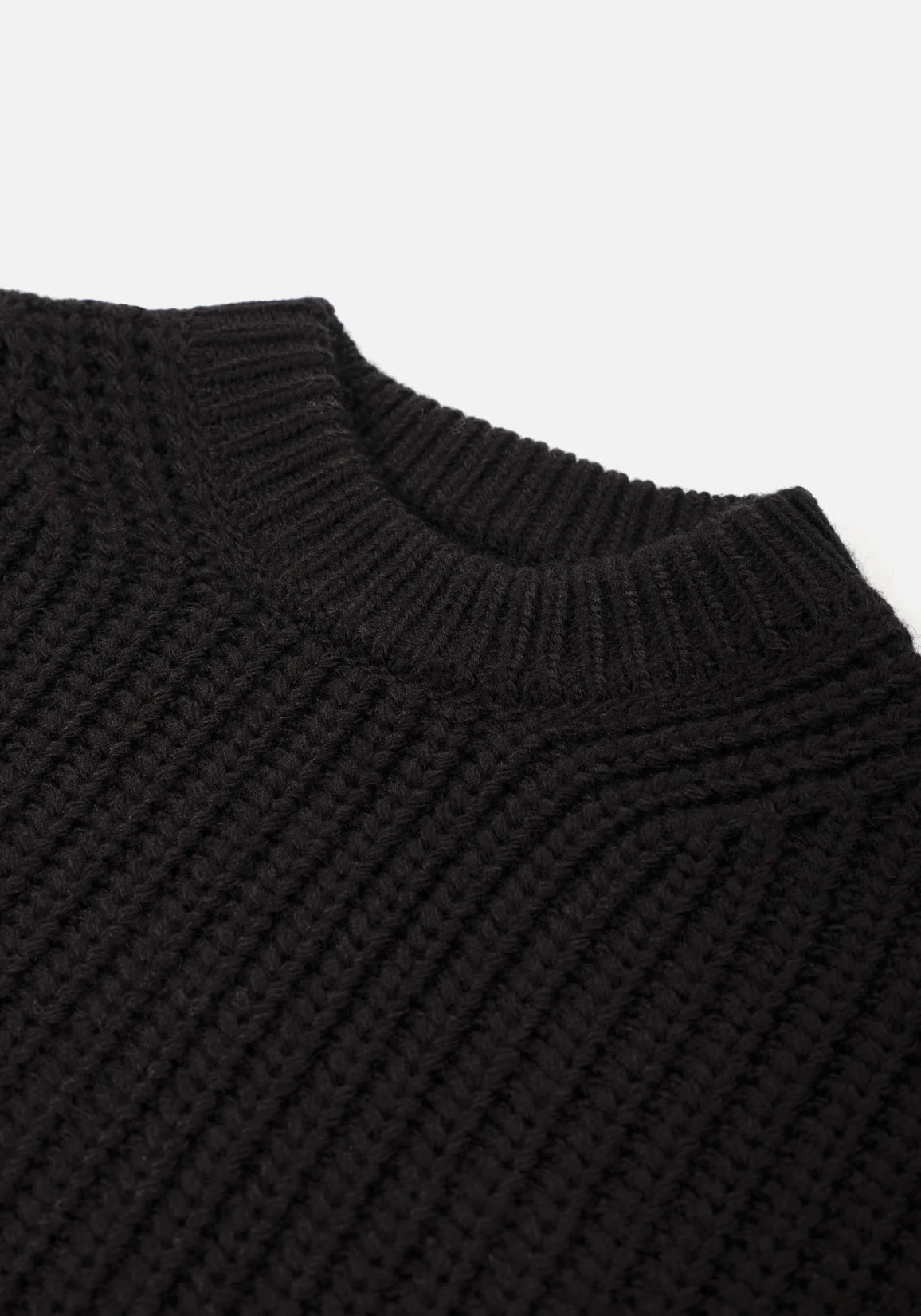 MKI Miyuki Zoku Chunky Rib Knit Crewneck Jumper in Black. Front Neck Shot.